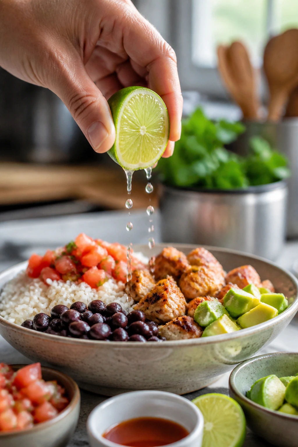 Hand squeezing lime over burrito bowl in bright kitchen
