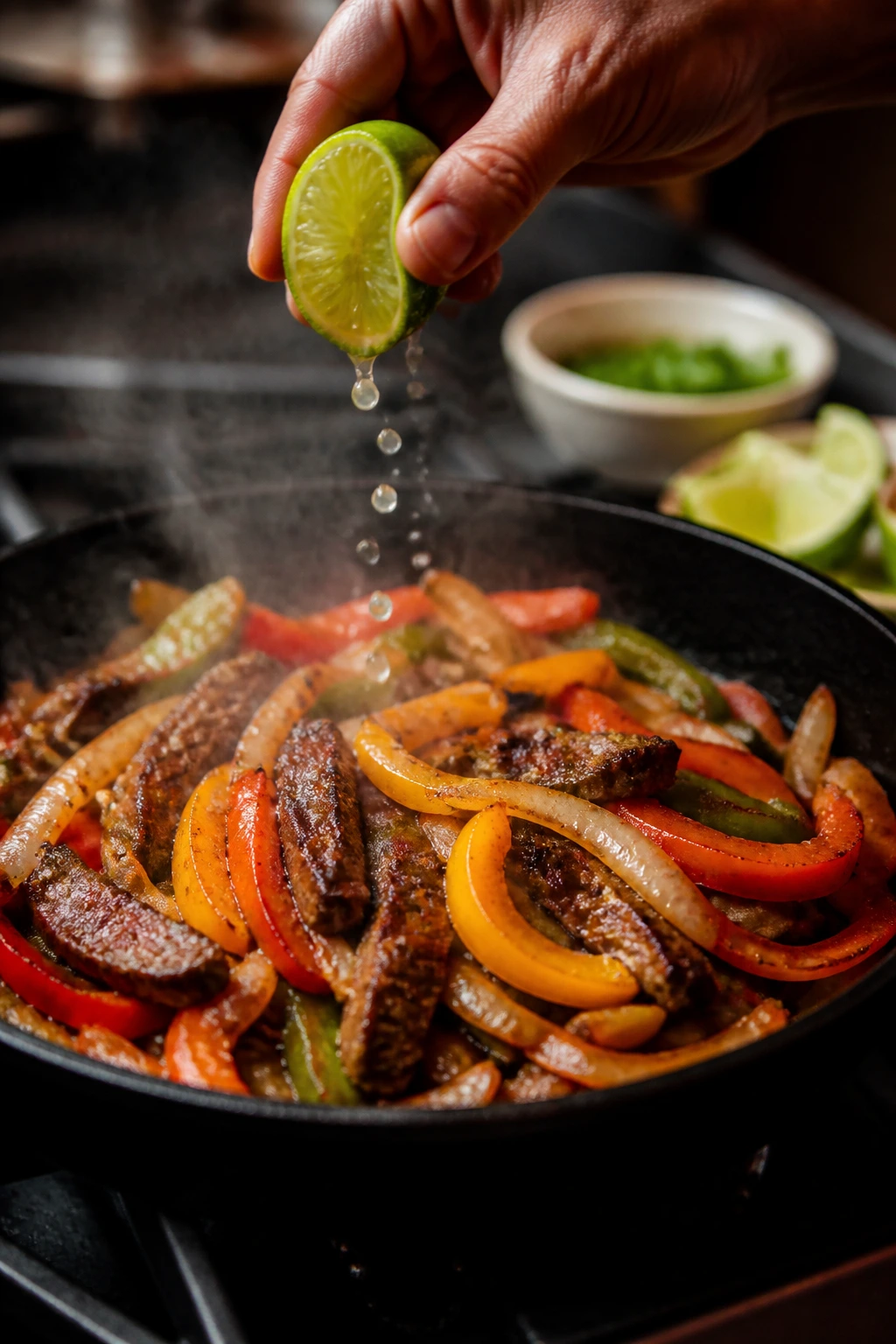 Hand squeezing lime over sizzling fajitas, bright finish