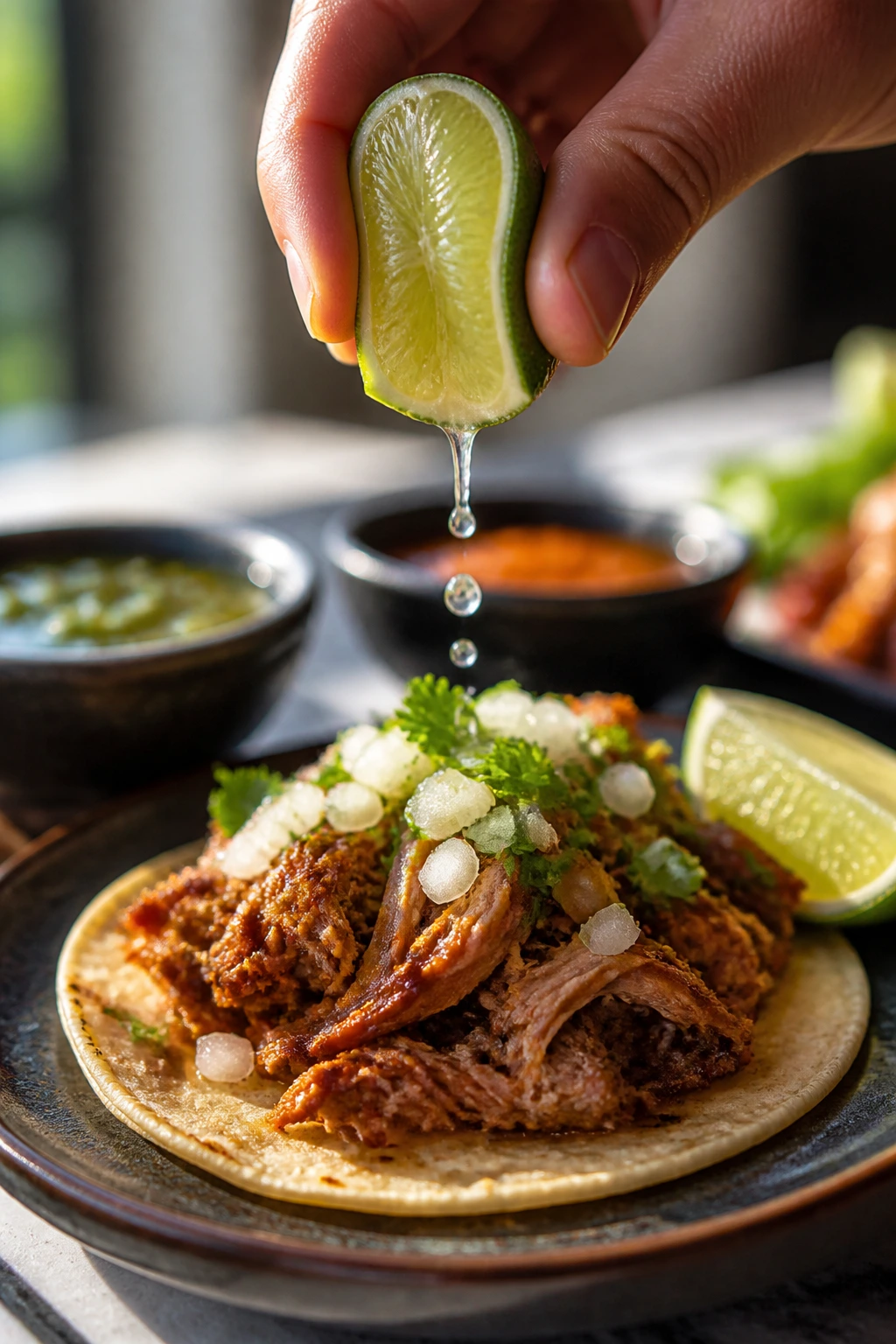 Hand squeezing lime over taco to boost flavor