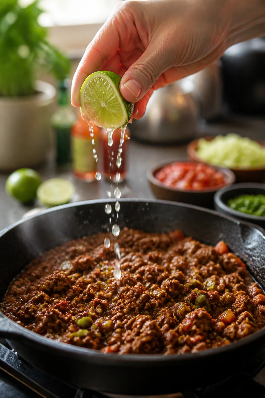 Lime being squeezed over taco filling