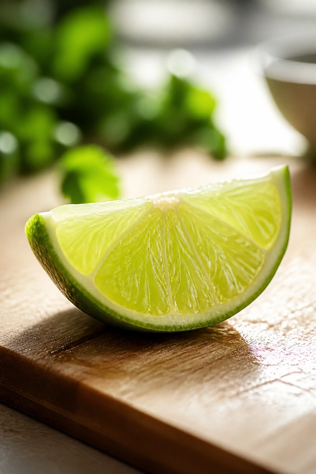 Lime wedge on cutting board for finishing flavor