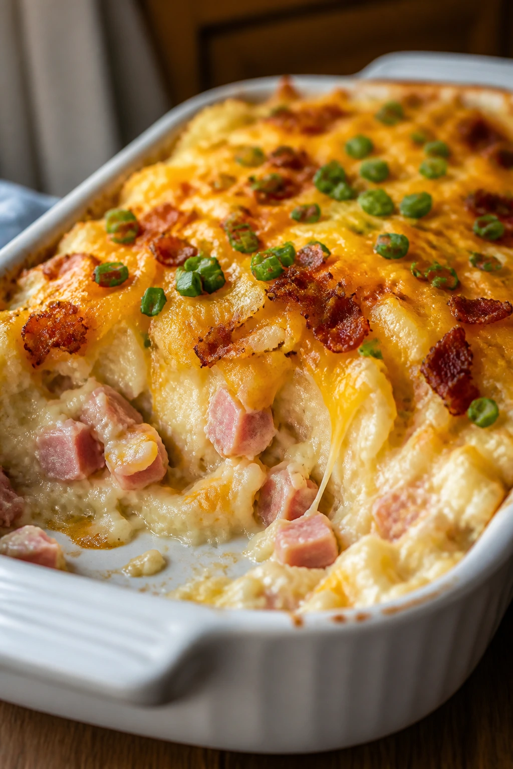 Close-up of Loaded Baked Potato Ham Hashbrown Casserole