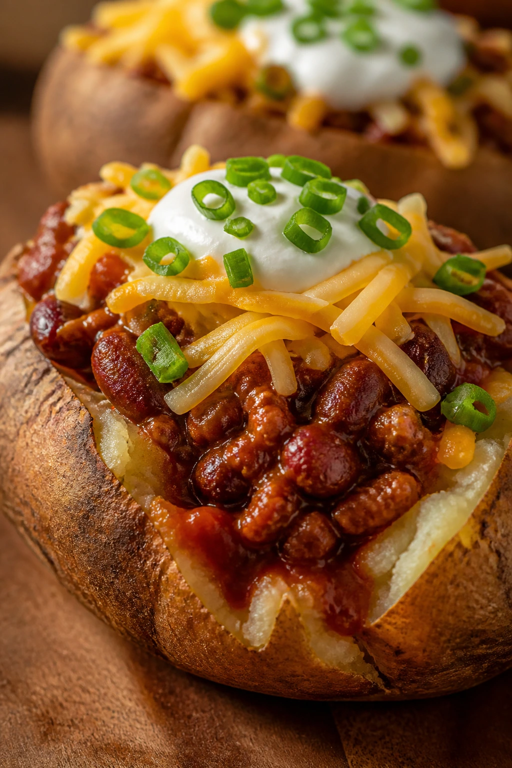 Close-up of a loaded chili baked potato with toppings on a warm counter.