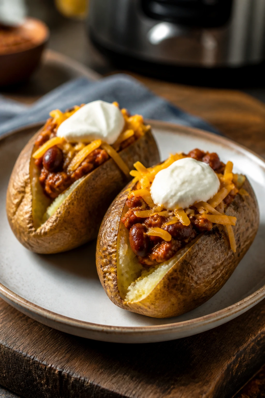Two loaded baked potatoes with chili and sour cream on a wooden board