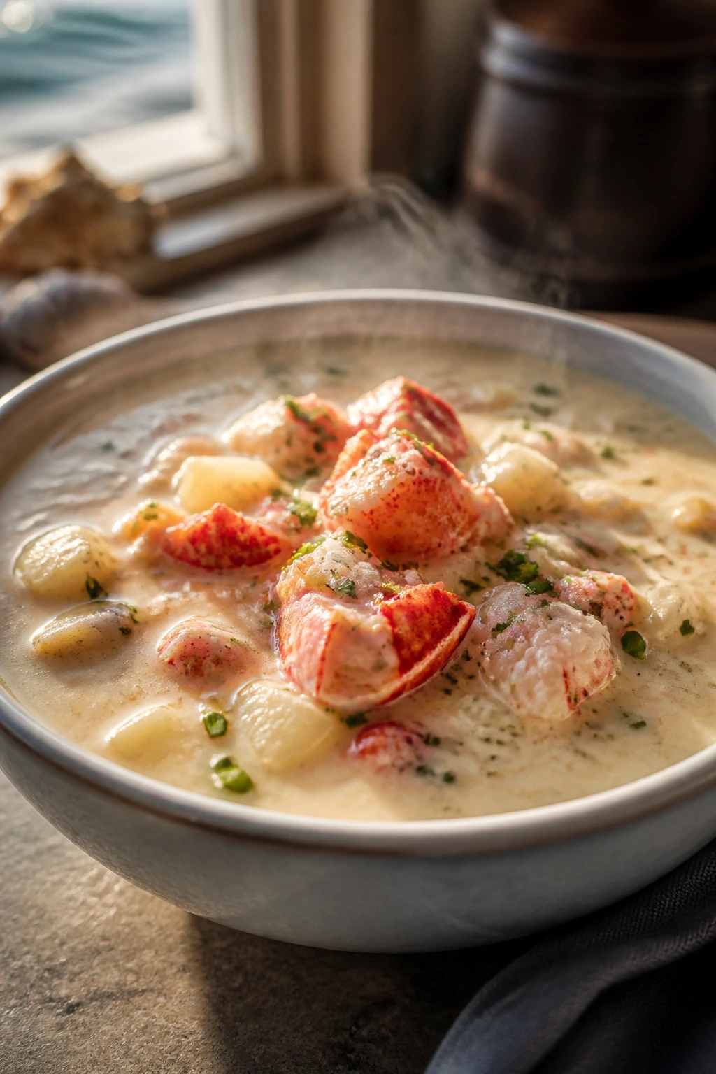 Close-up of lobster and sherry chowder in a cozy coastal kitchen