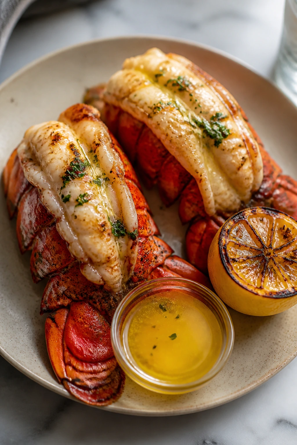 Lobster tails with drawn butter and a charred lemon on a plate