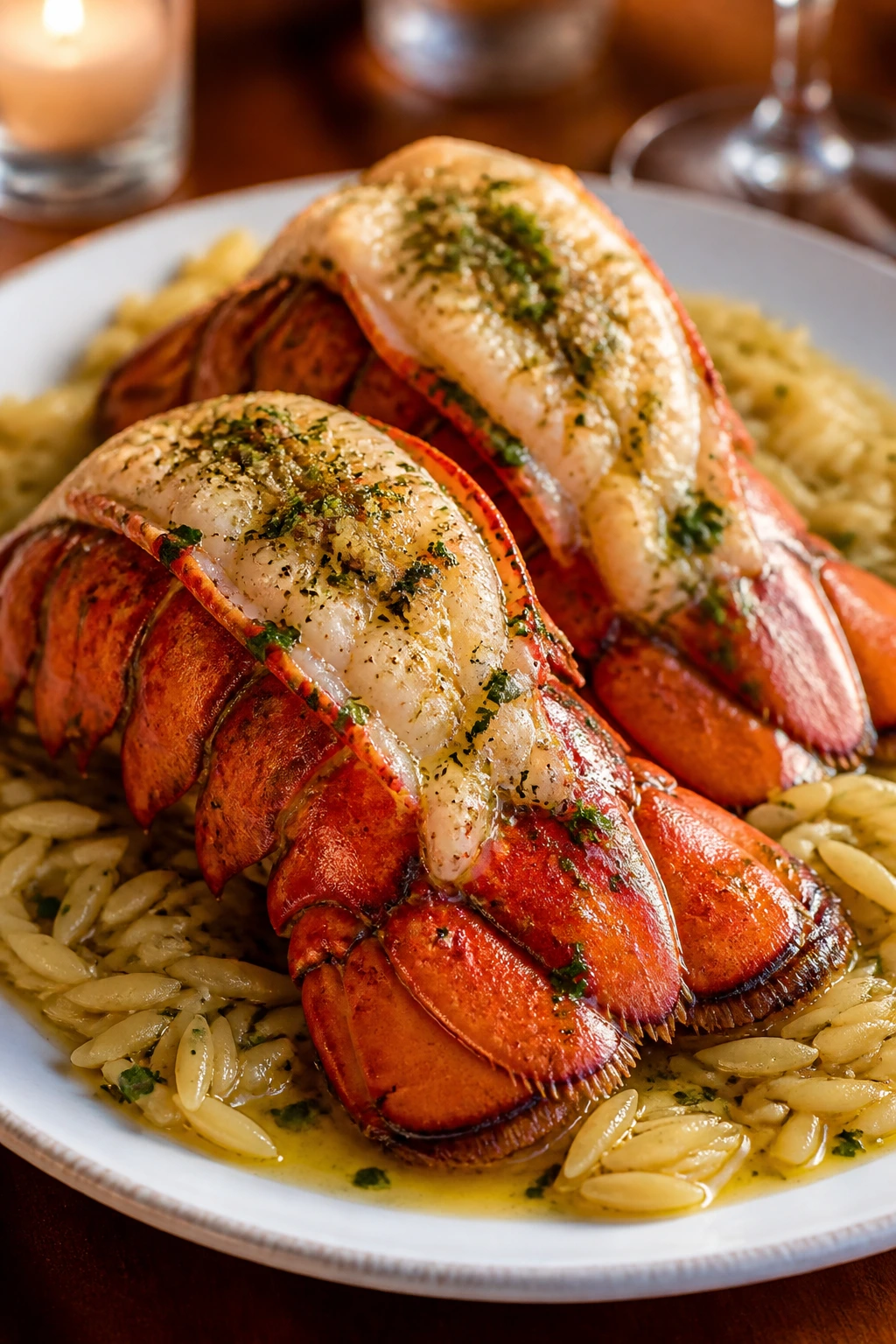Broiled lobster tails with herb butter and orzo on a plate