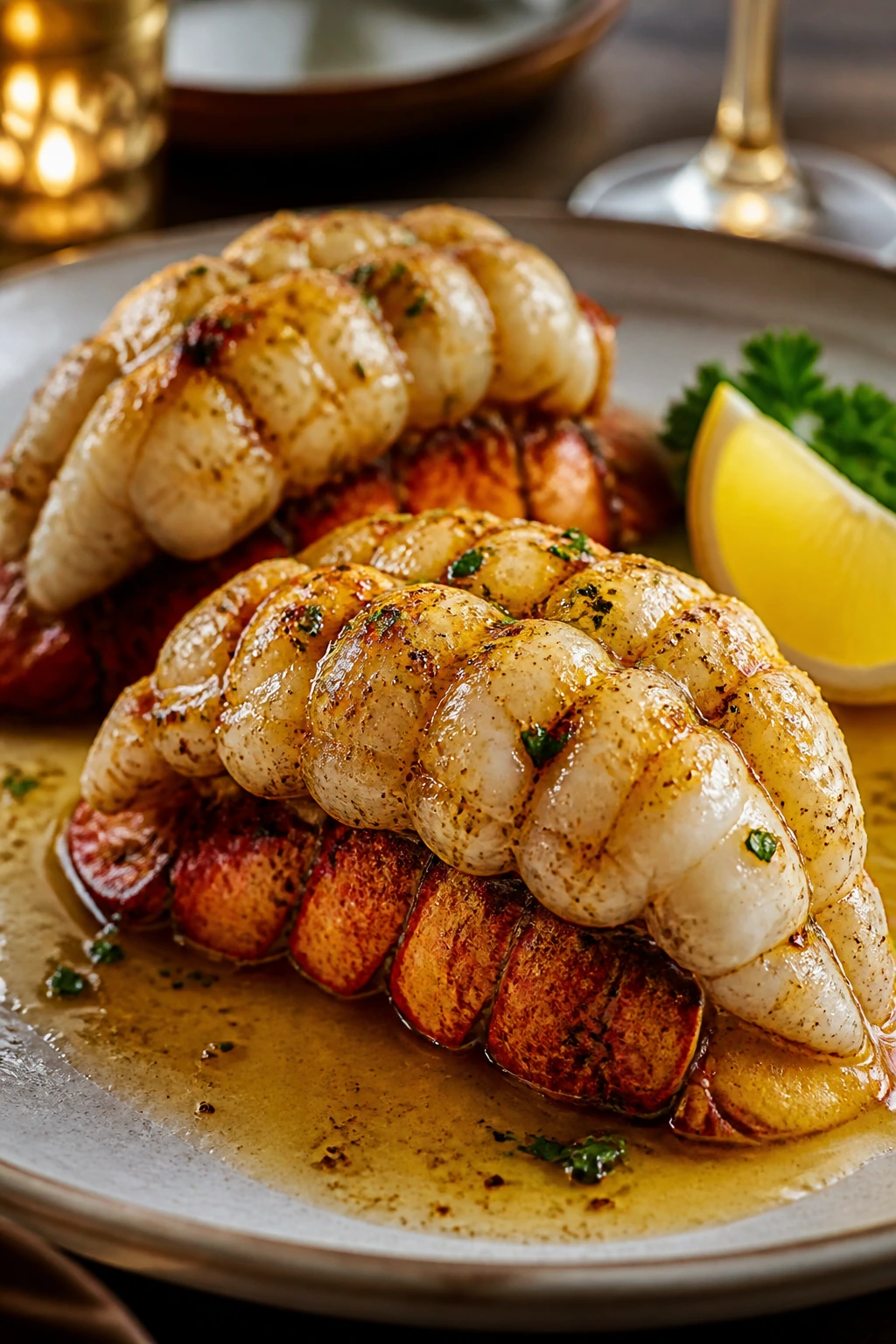 Two lobster tails with brown butter on plate