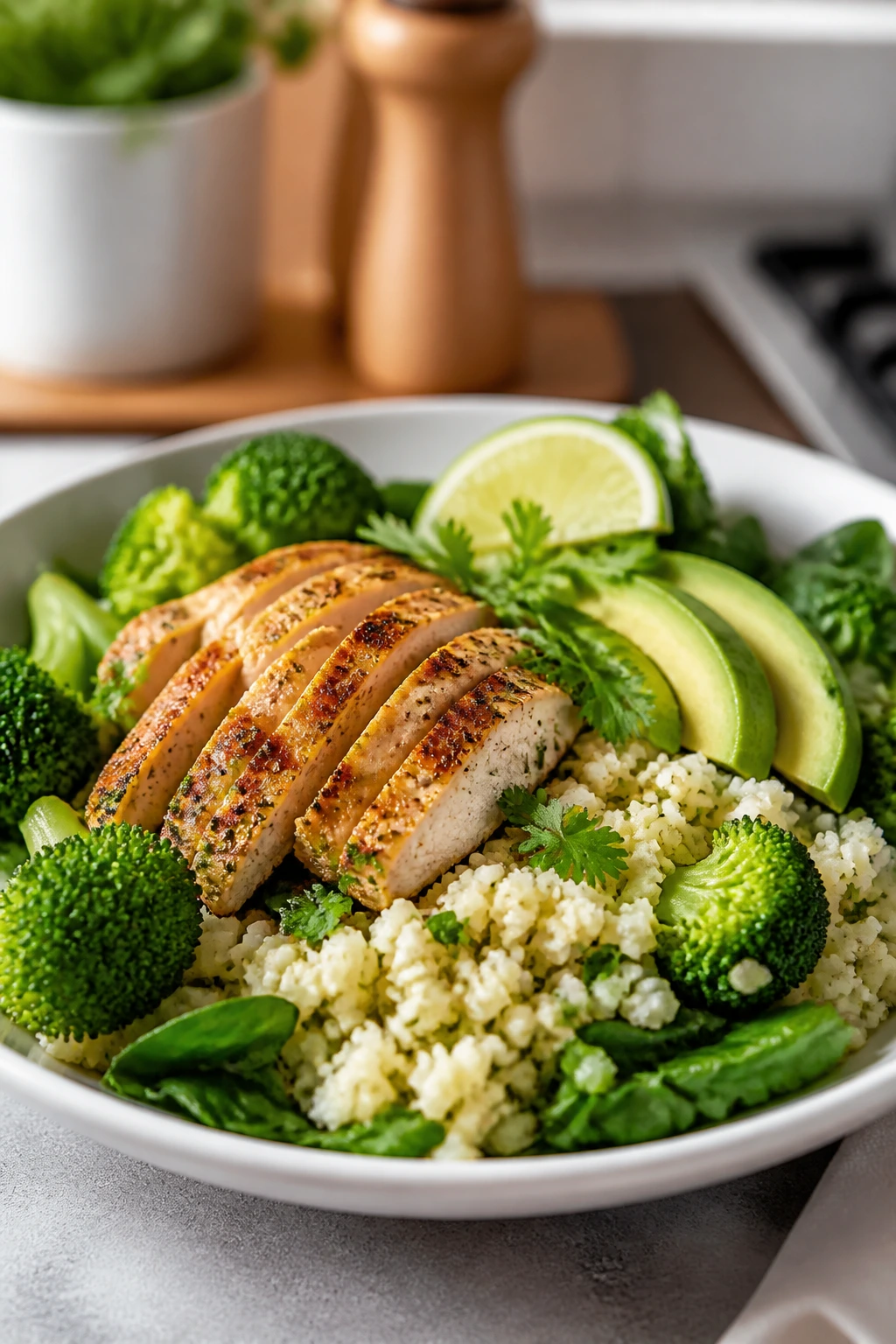 Low-carb plate with cauliflower rice and grilled chicken