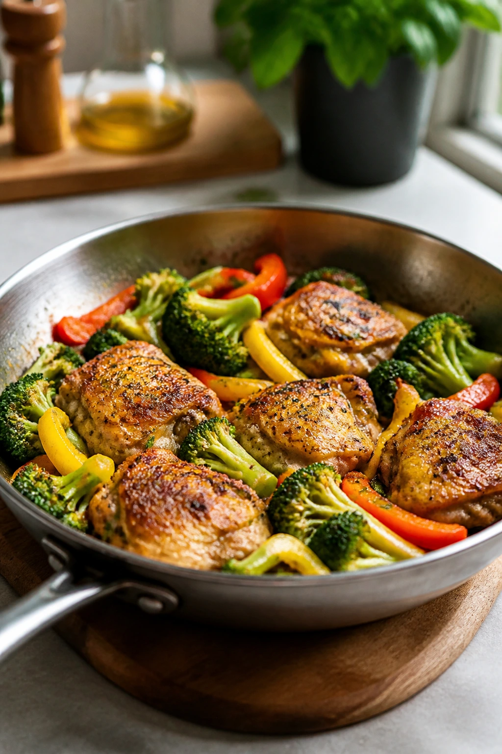 Balanced low-carb skillet dinner on a tidy kitchen counter