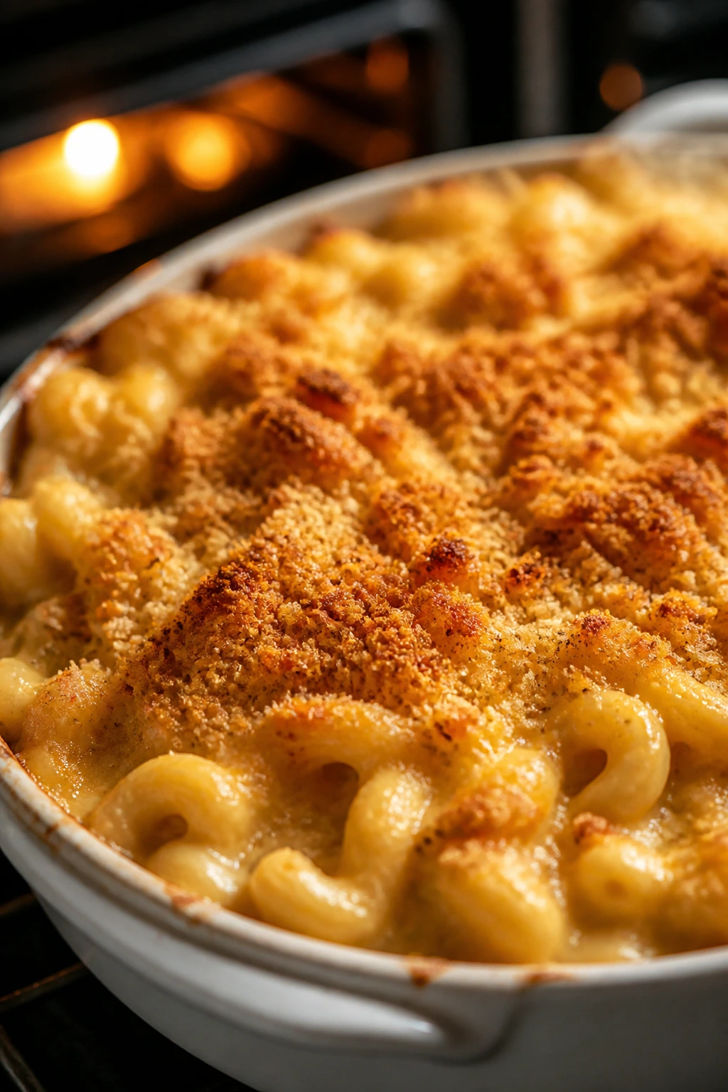 Golden baked mac and cheese with crispy top