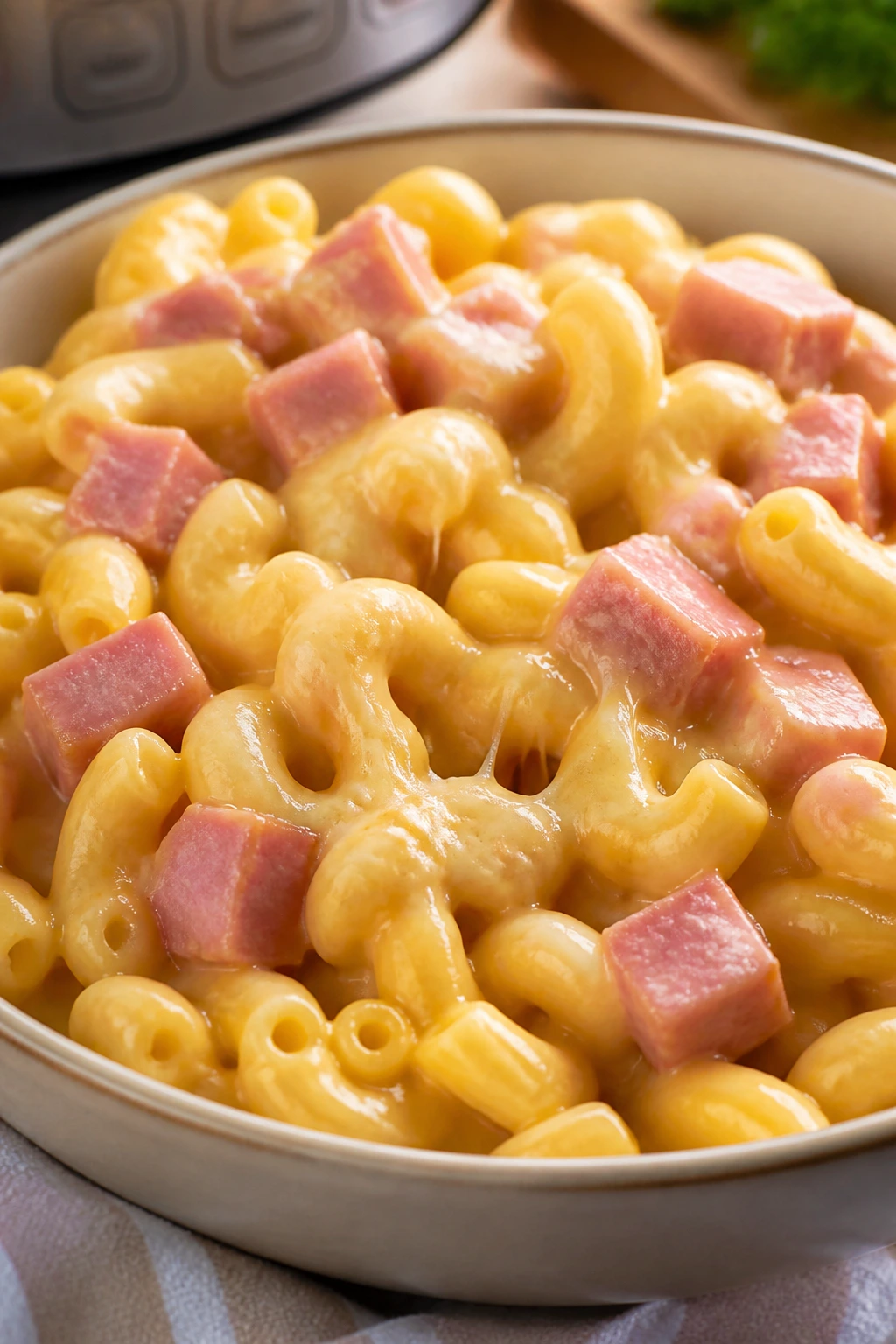 Close-up of creamy mac and cheese with ham in a bowl