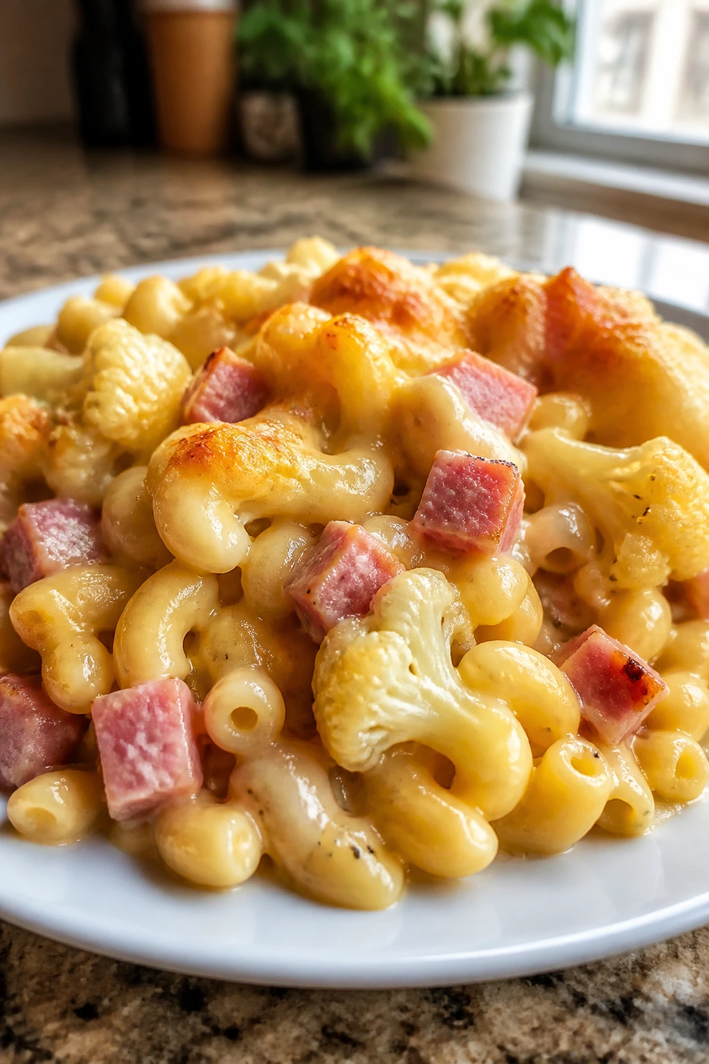 Close-up of creamy macaroni and cheese with ham and cauliflower on a plate.
