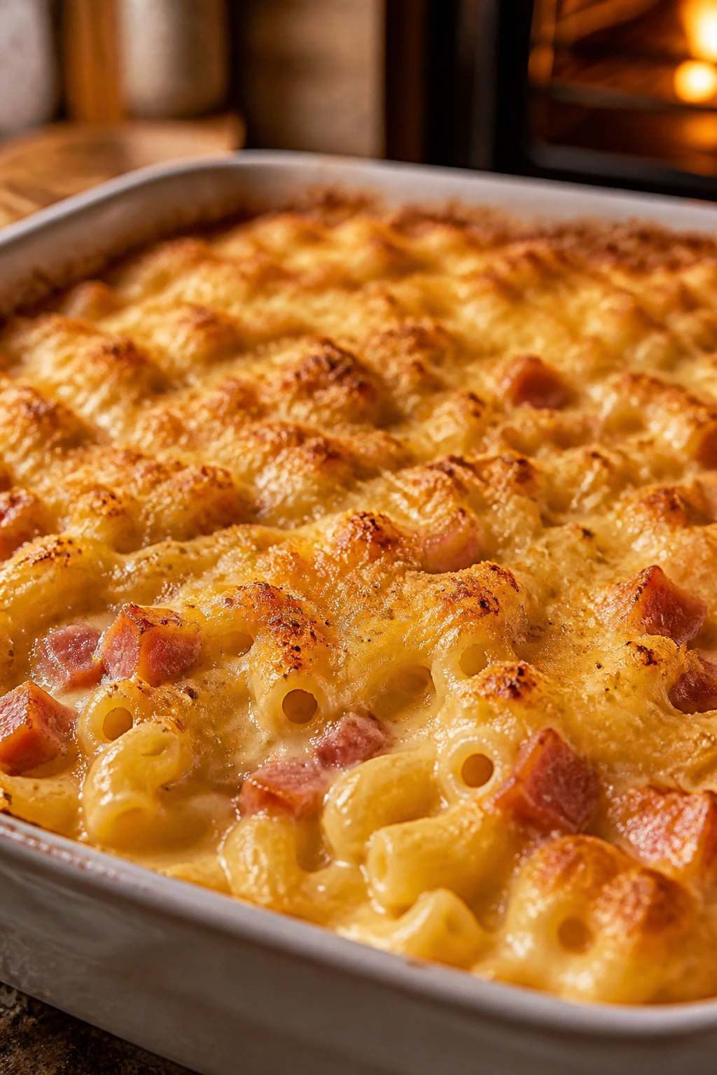 Close-up of creamy baked macaroni and cheese with ham in a hot oven dish