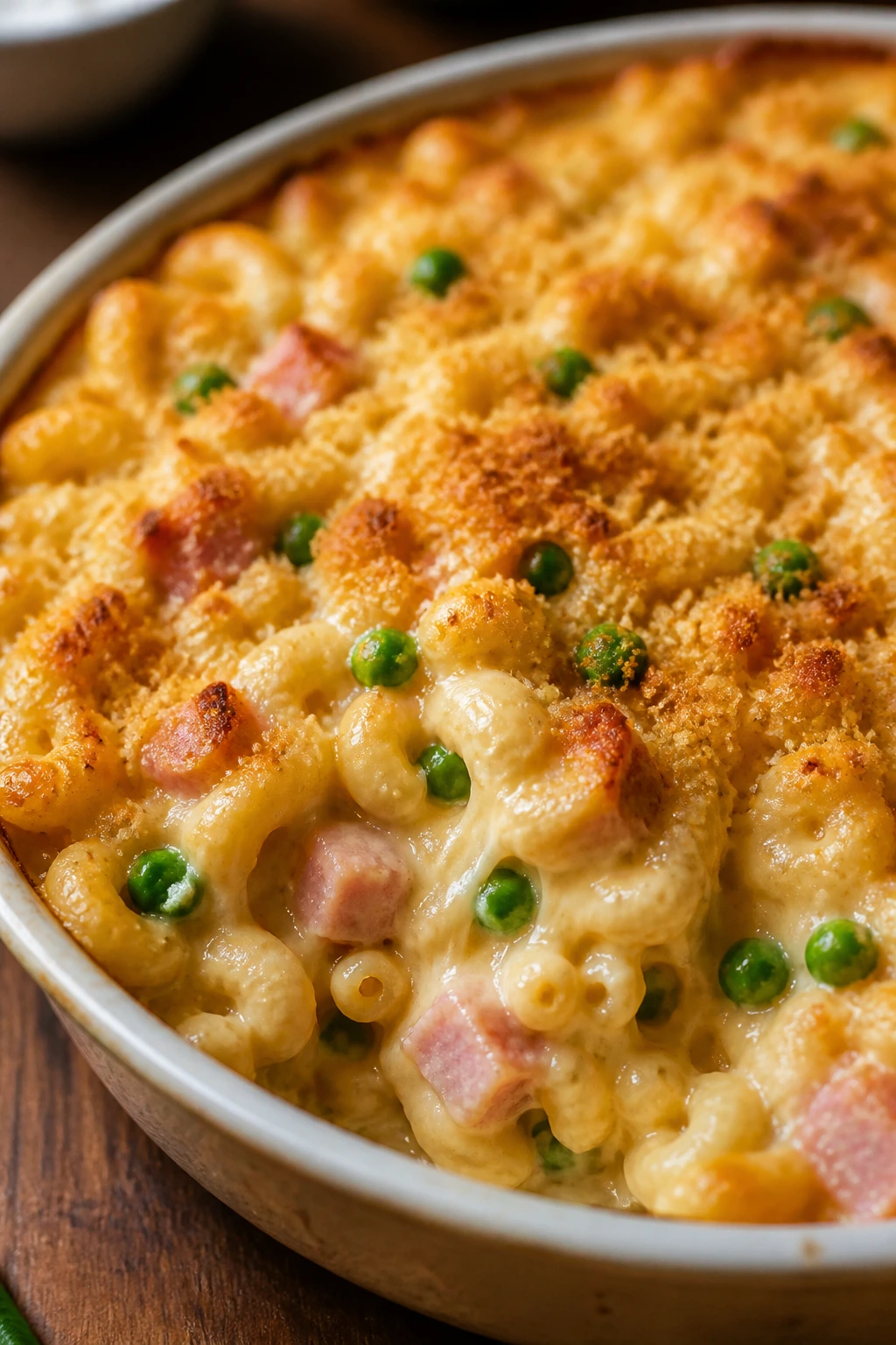 Creamy mac and cheese with ham and peas in a bubbling oven dish