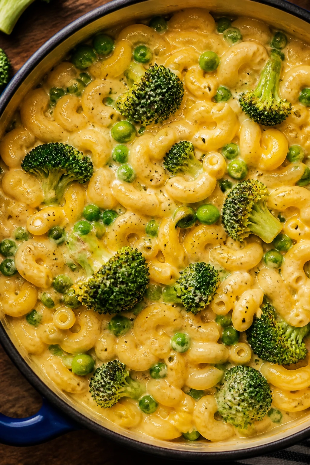 Creamy macaroni and cheese with peas and broccoli in a bowl.