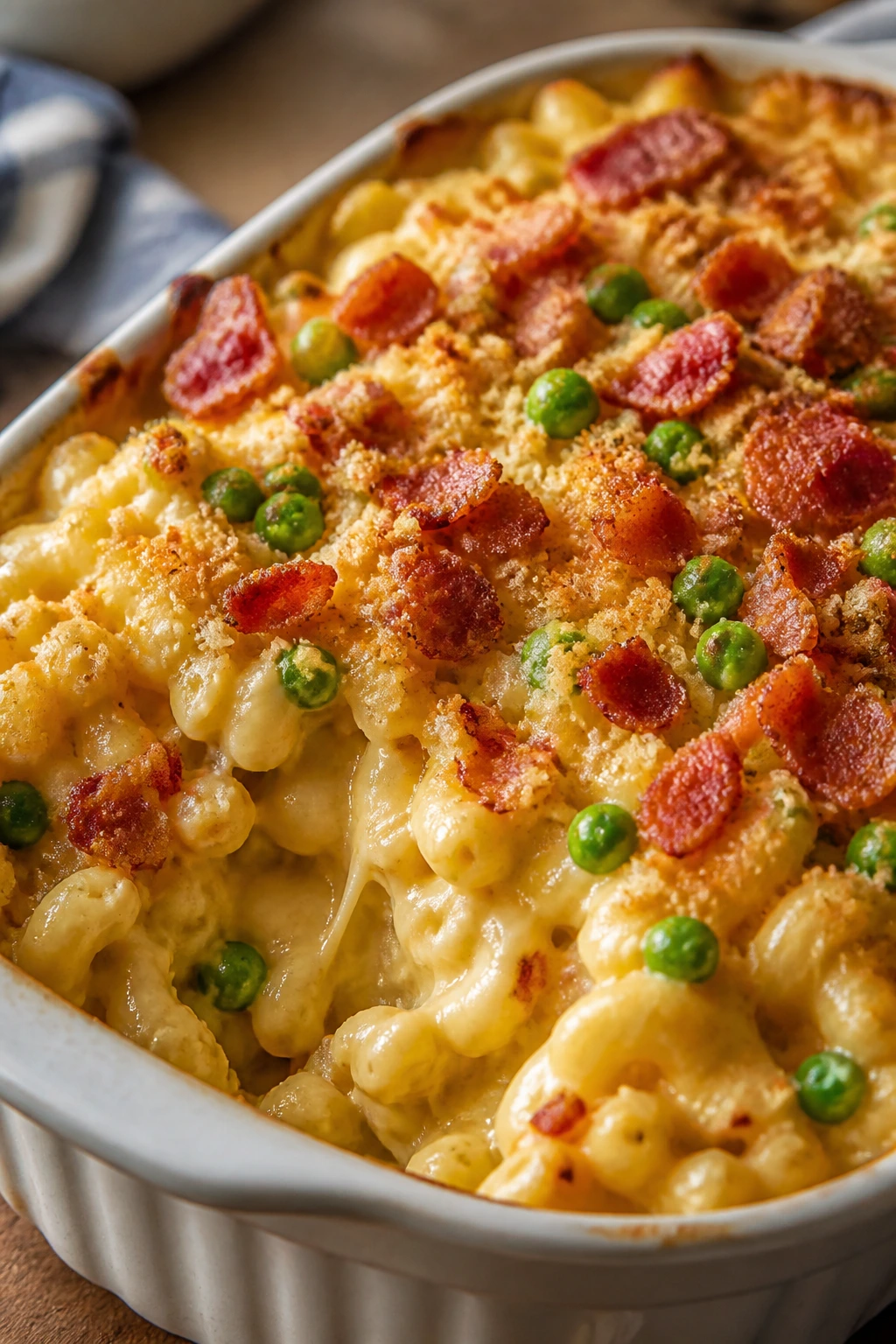 Creamy macaroni bake with bacon and peas