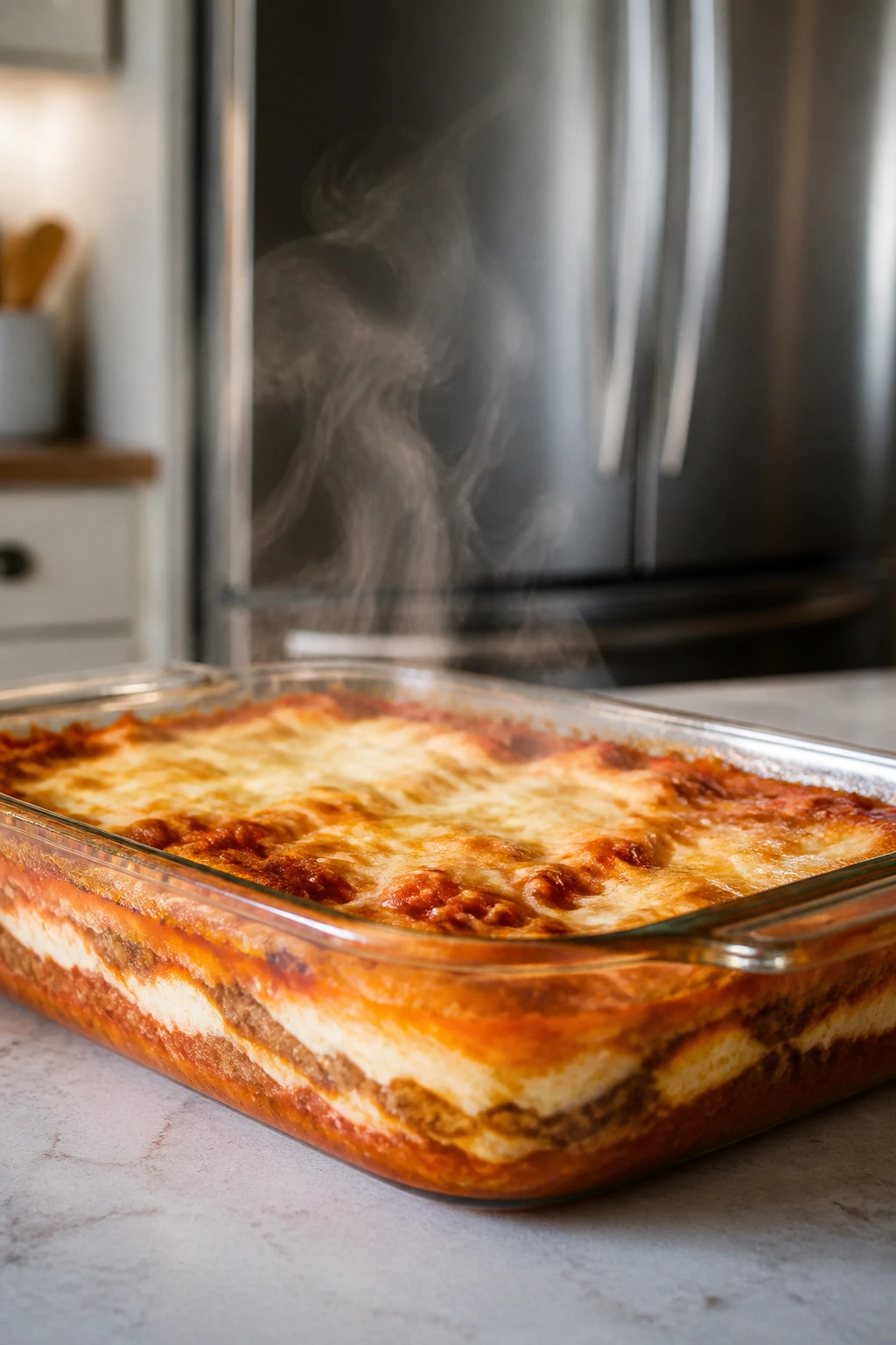 Glass casserole with steaming reheated dish on kitchen counter