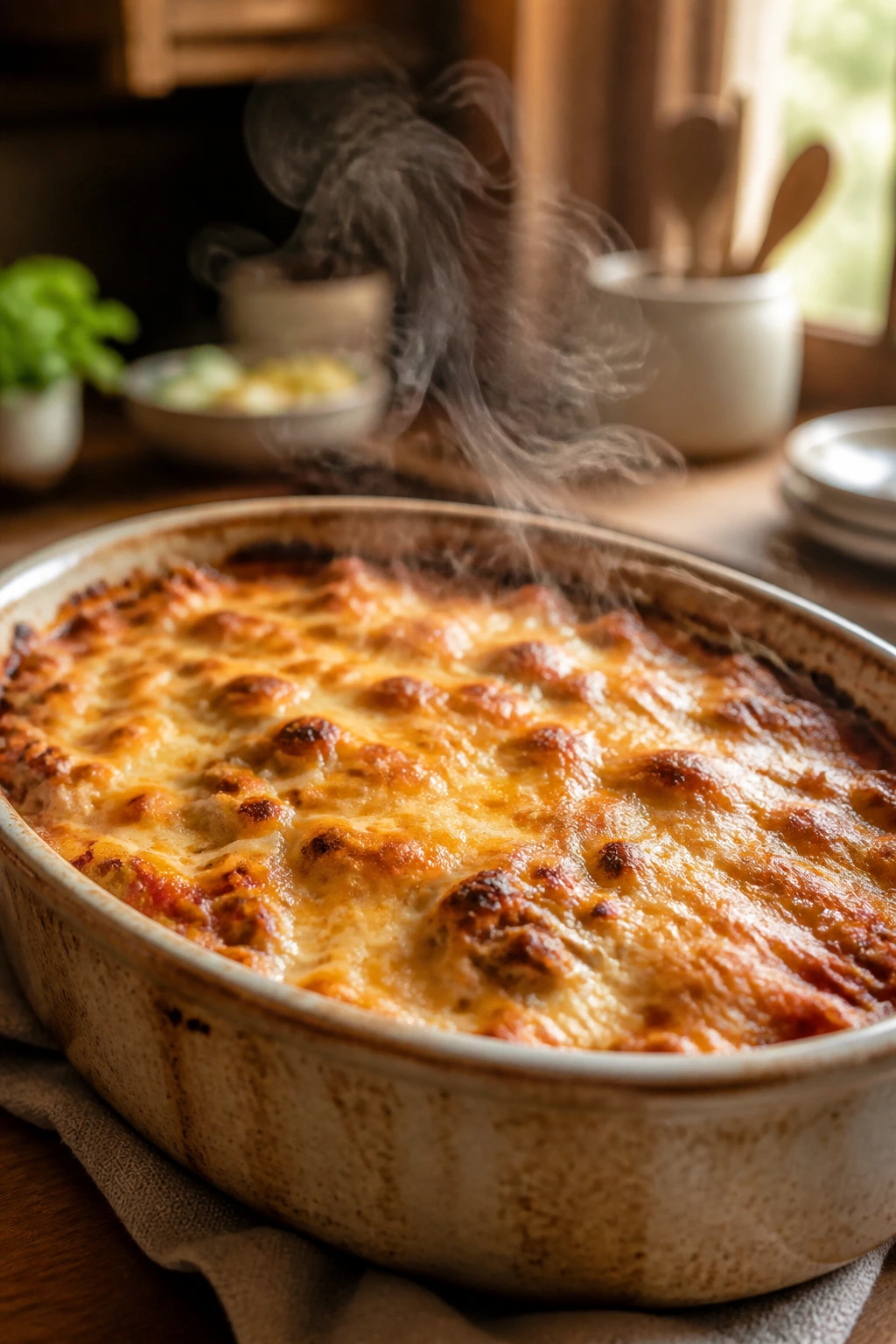 Make-Ahead casseroles represented by a golden baked casserole in a cozy kitchen