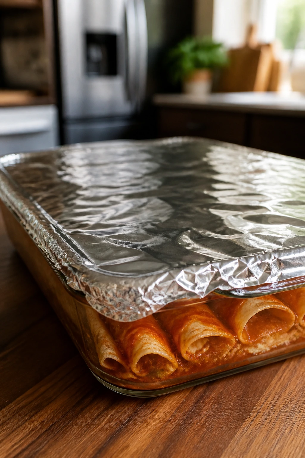 Close-up of foil-covered enchiladas in a glass baking dish, ready for make-ahead storage