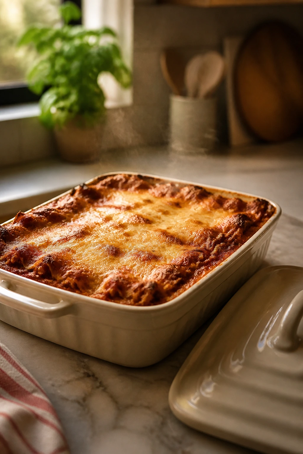 Lasagna in baking dish ready for make-ahead storage