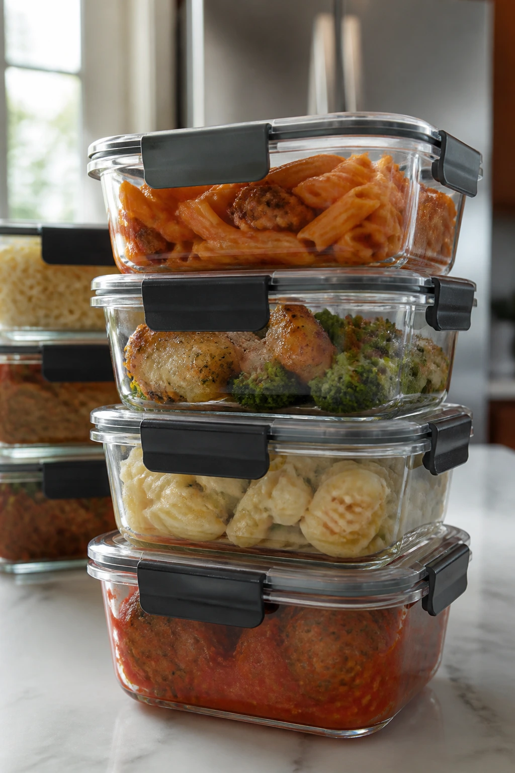 Stacked glass containers with make-ahead meals in a bright kitchen.