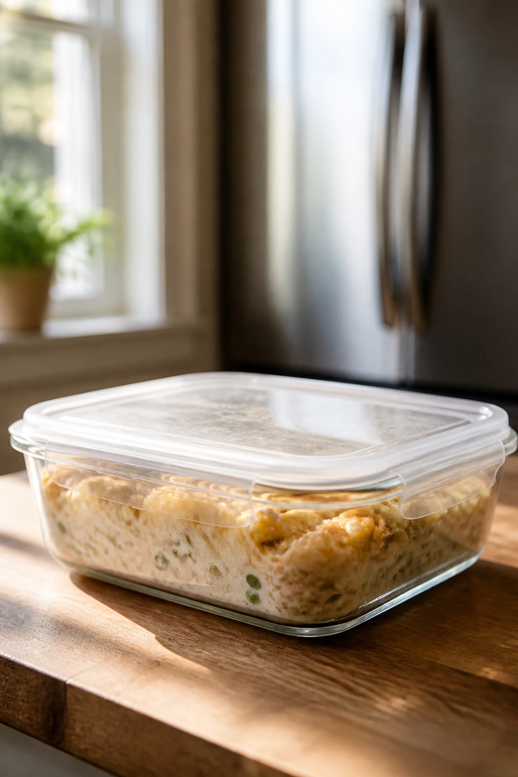 Glass casserole dish with lid ready for refrigeration in a warm kitchen