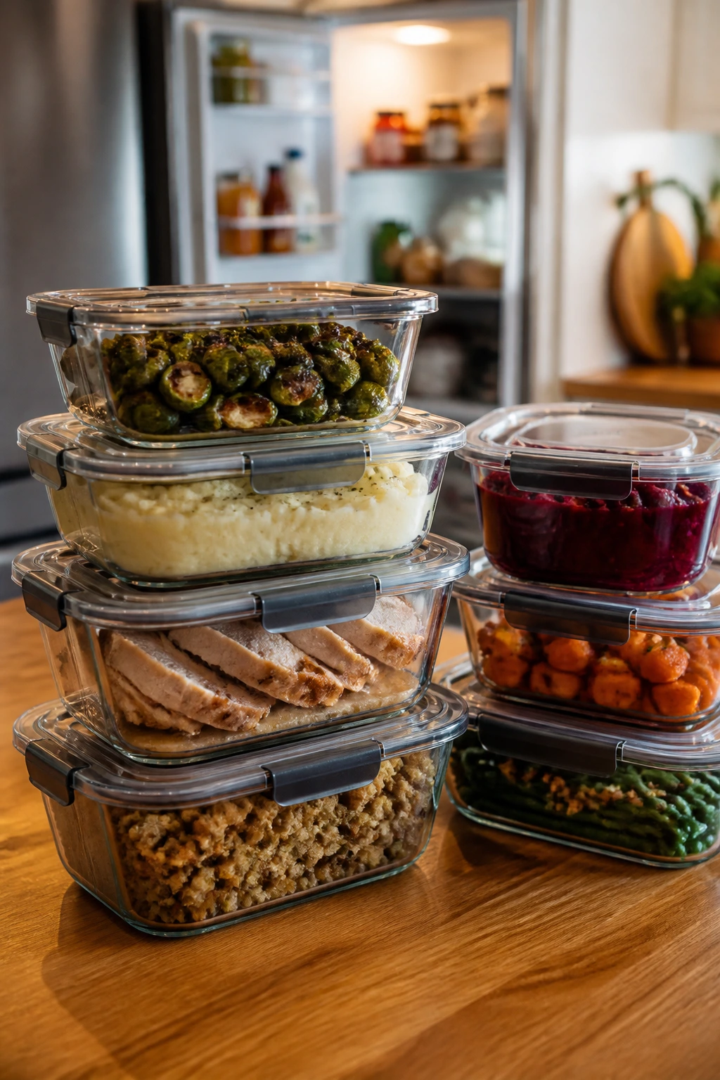 Close-up of glass storage containers on a wooden counter