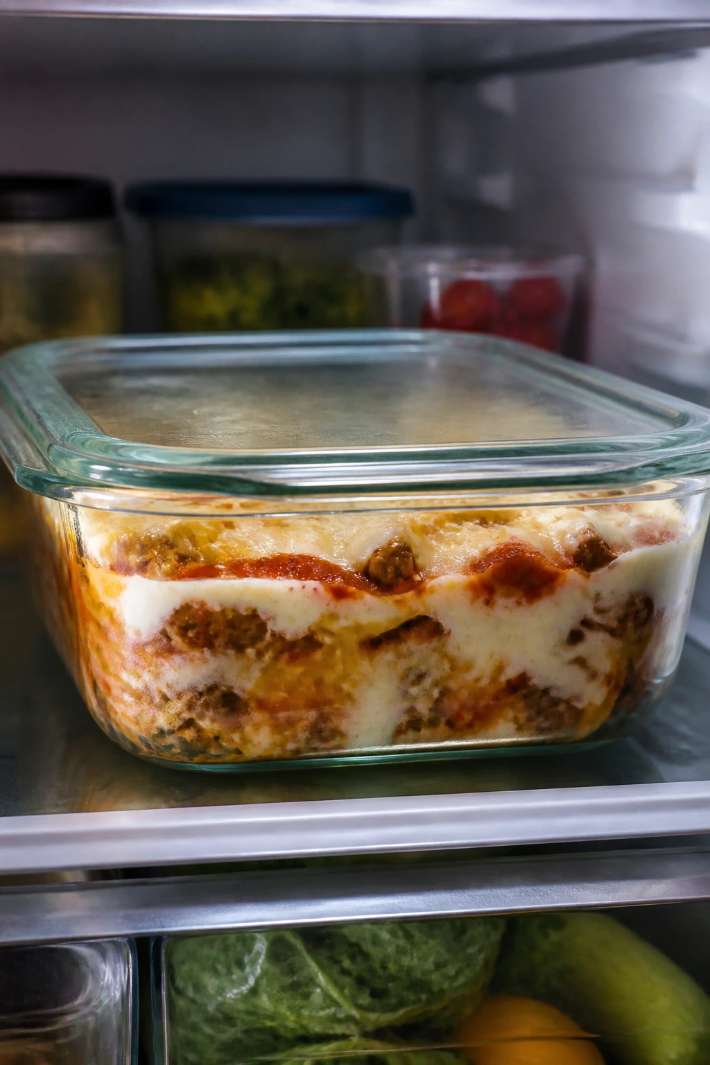 Casserole dish with lid stored in refrigerator