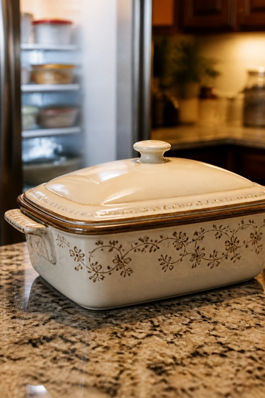 Casserole dish with lid on kitchen counter suggesting make-ahead storage