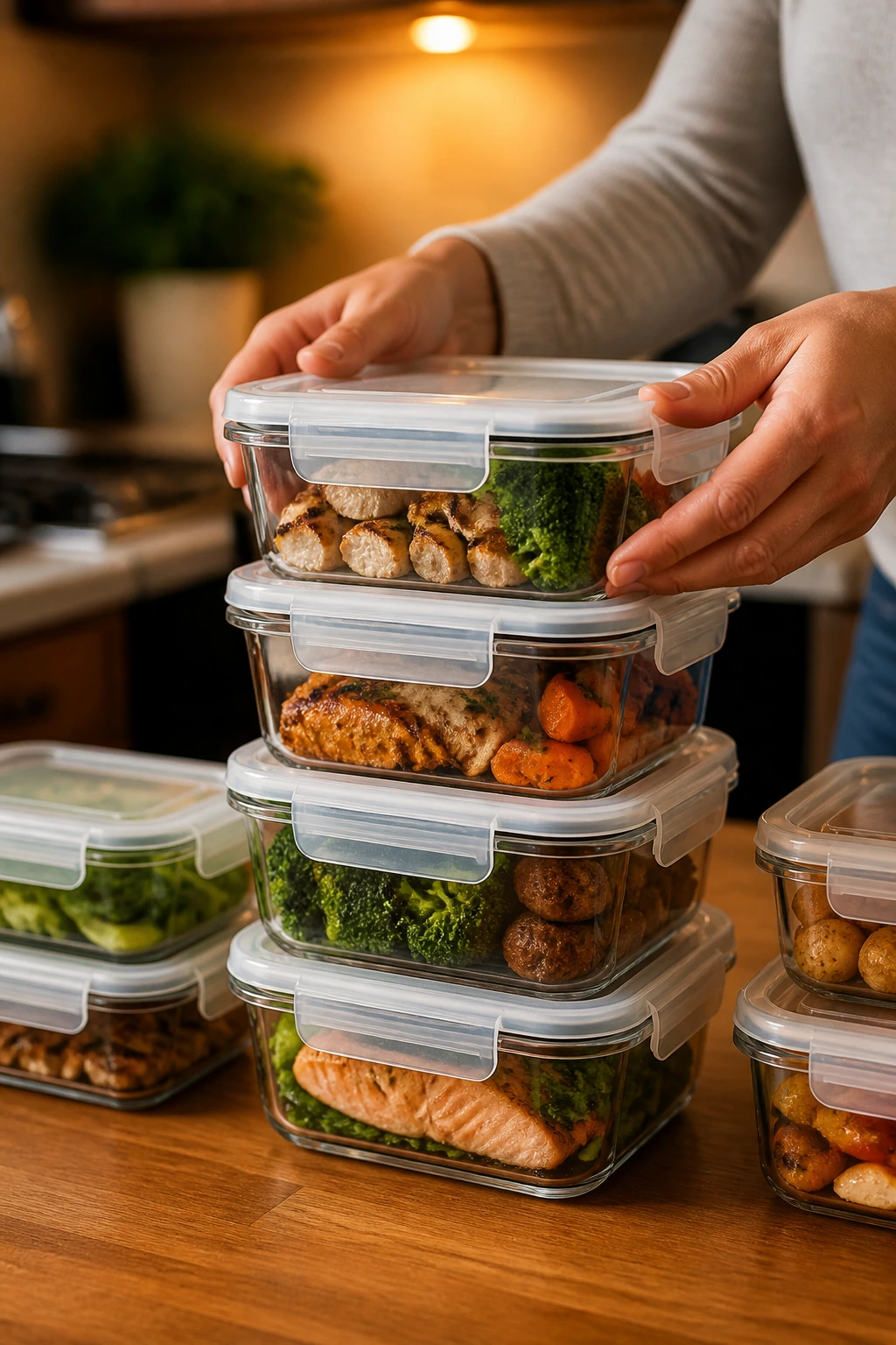 Hands stacking meal-prep containers on kitchen counter
