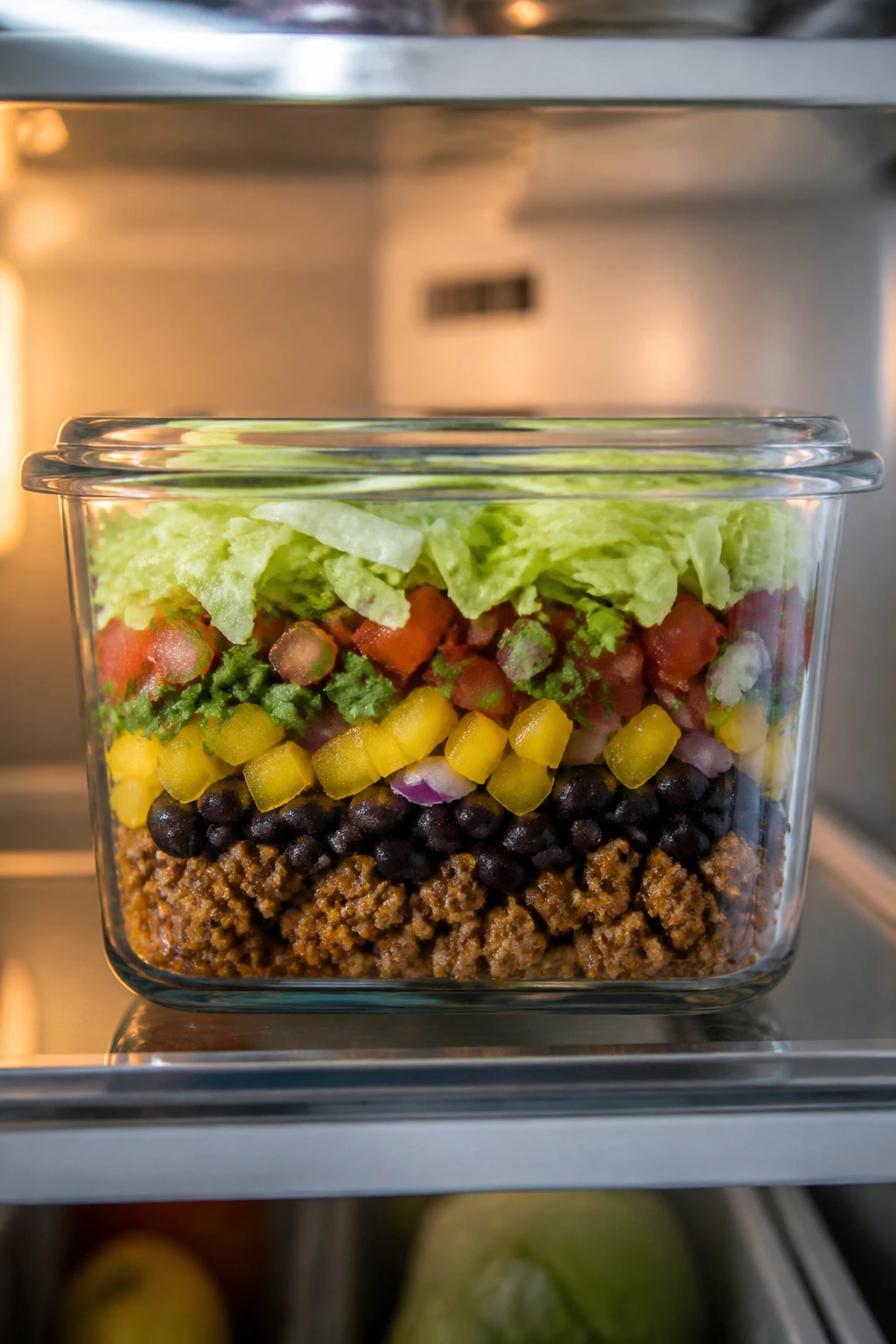 Close-up of a glass meal-prep container in a fridge showing layered taco fillings for make-ahead storage