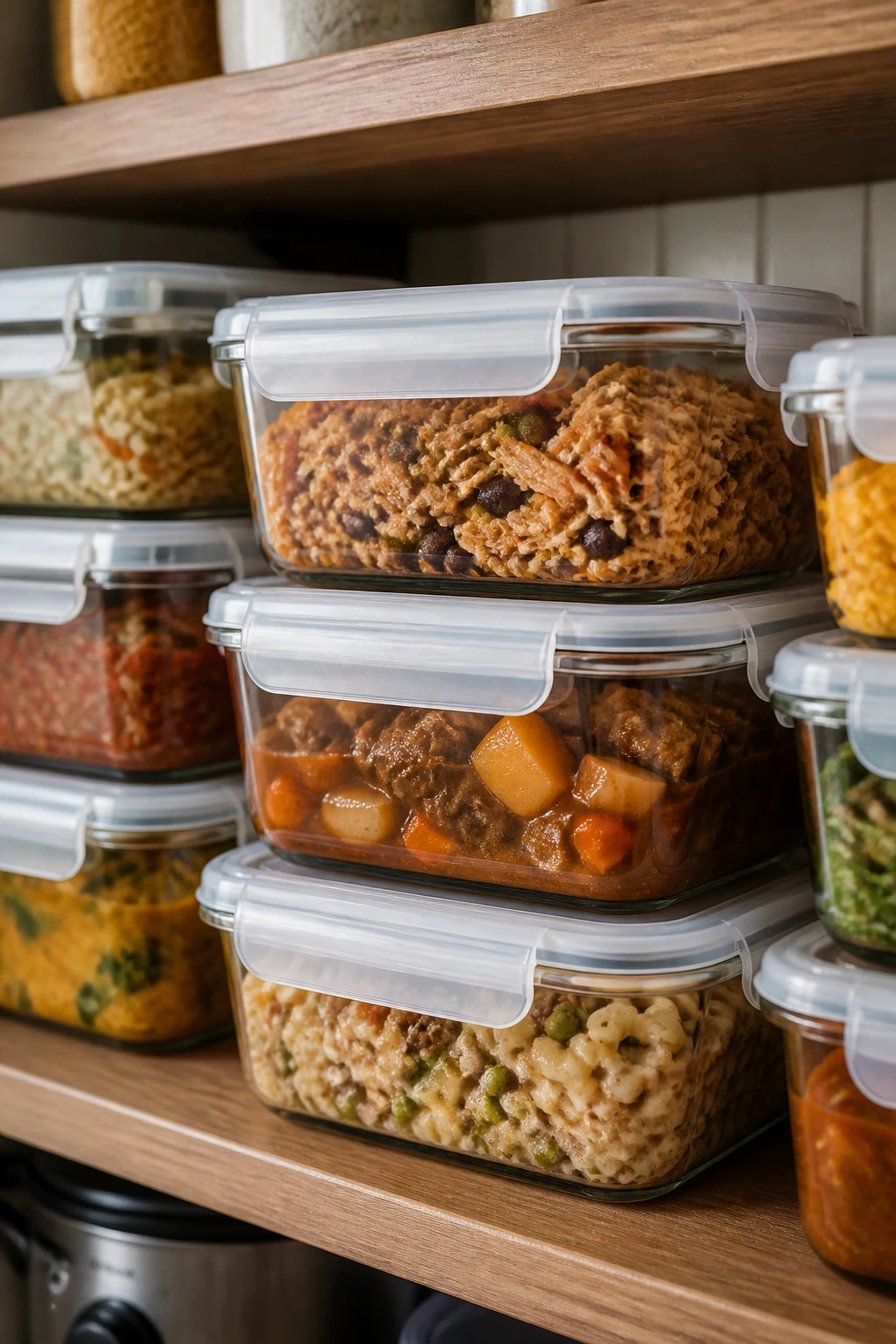 Airtight containers filled with leftovers on a kitchen shelf.