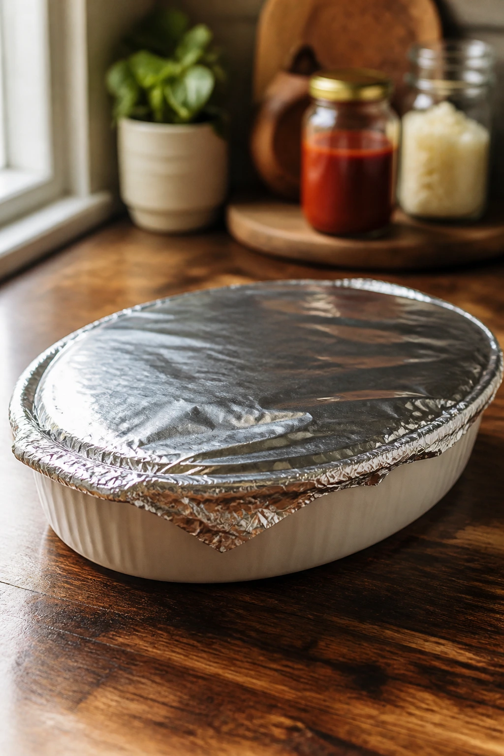 Foil-covered manicotti pan on a kitchen counter