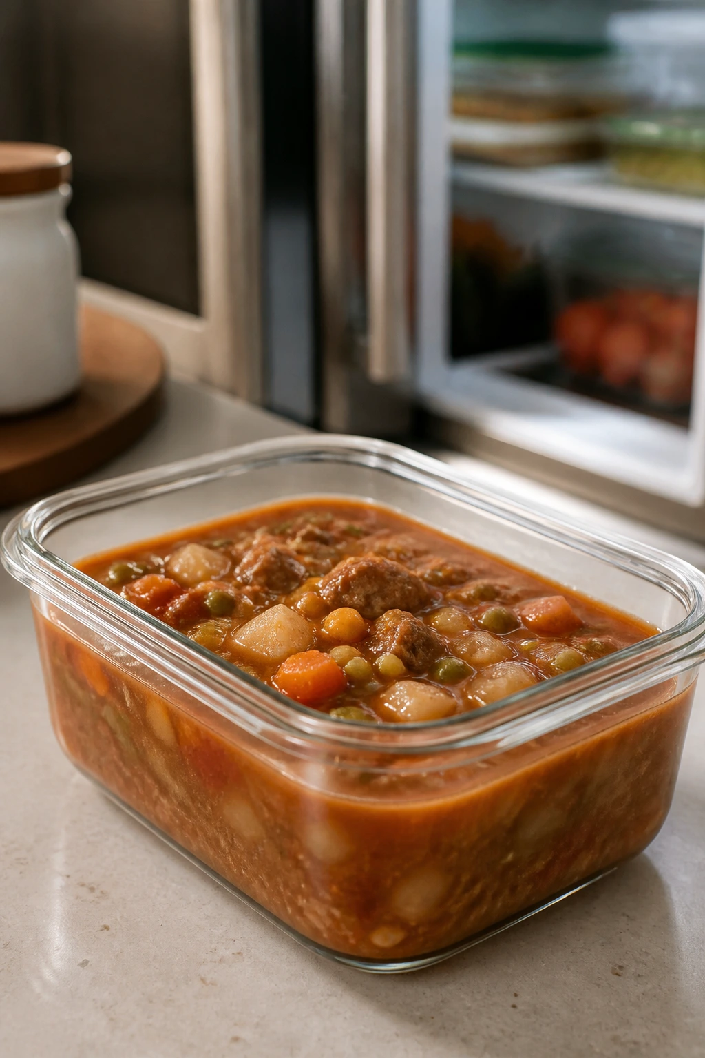 Glass storage container with soup on a kitchen counter