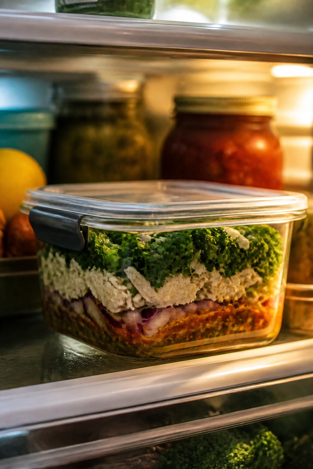 Close-up of a glass airtight container with chopped herbs in a fridge.