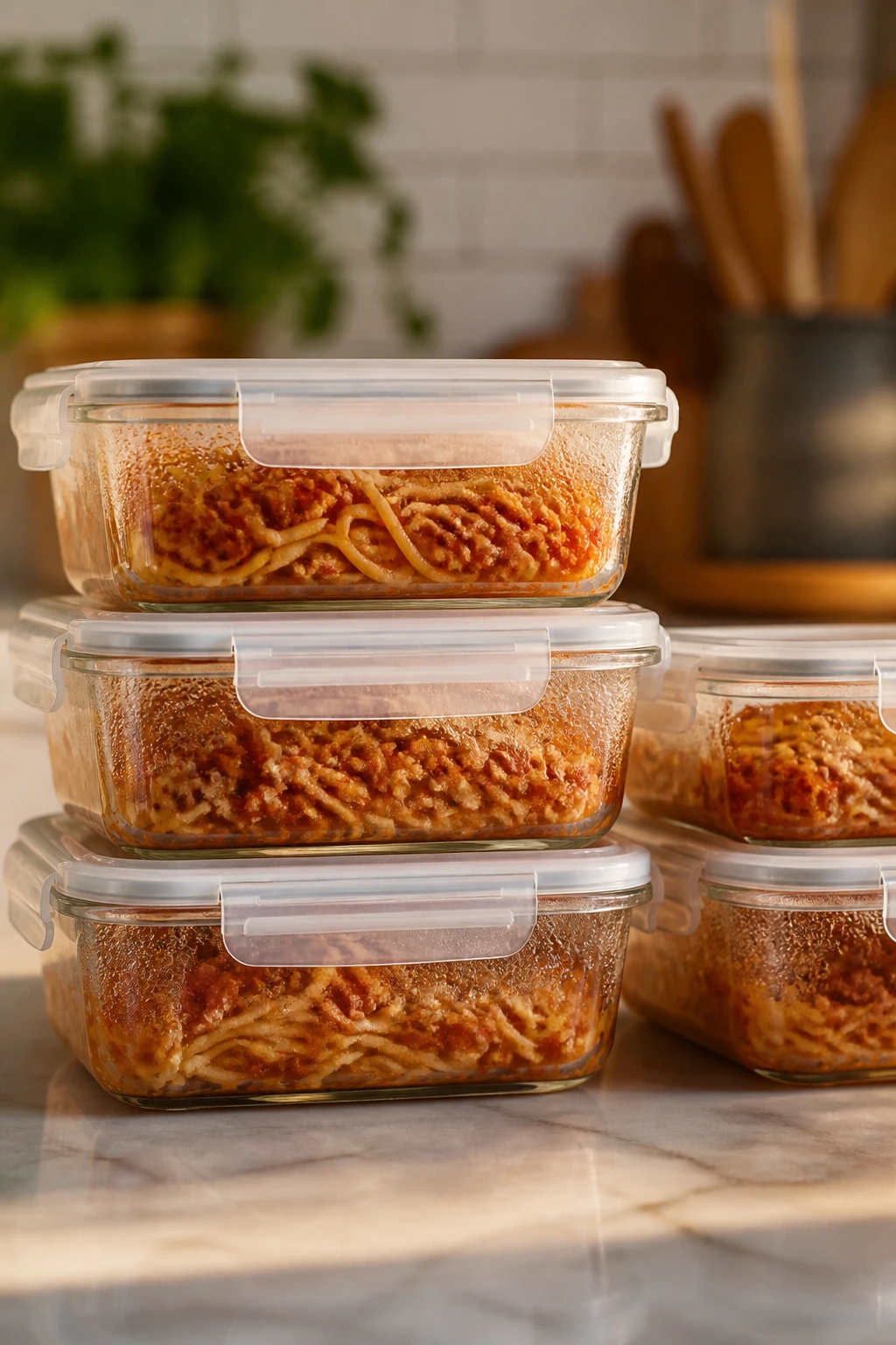 Close-up of glass meal-prep containers in a kitchen, illustrating make-ahead storage and reheating concepts
