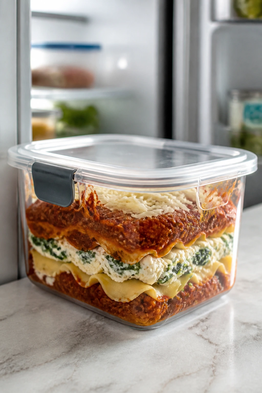 Meal-prep container with layered pasta ready to store in the fridge