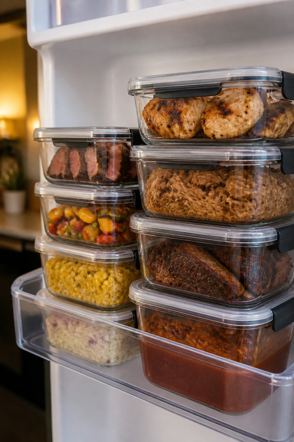 Close-up of airtight glass containers storing meals in a fridge.