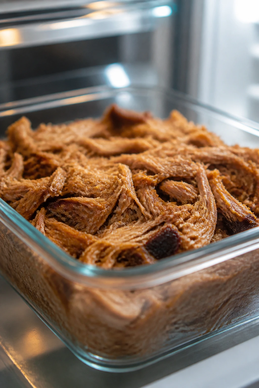 Pulled pork in a glass container ready for make-ahead storage.
