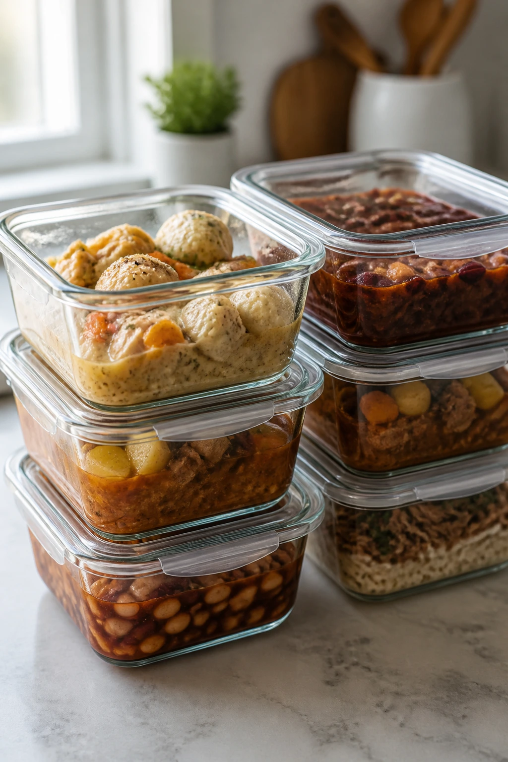 Stack of glass meal-prep containers with stew on a kitchen counter