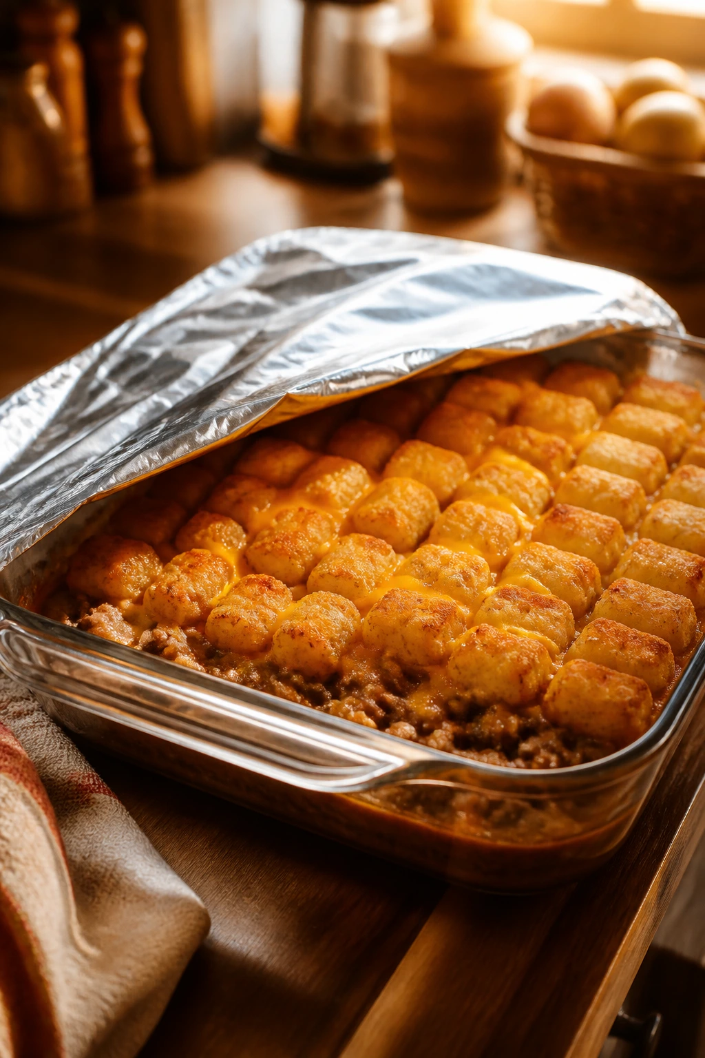 Casserole in a glass dish with foil cover on a kitchen counter