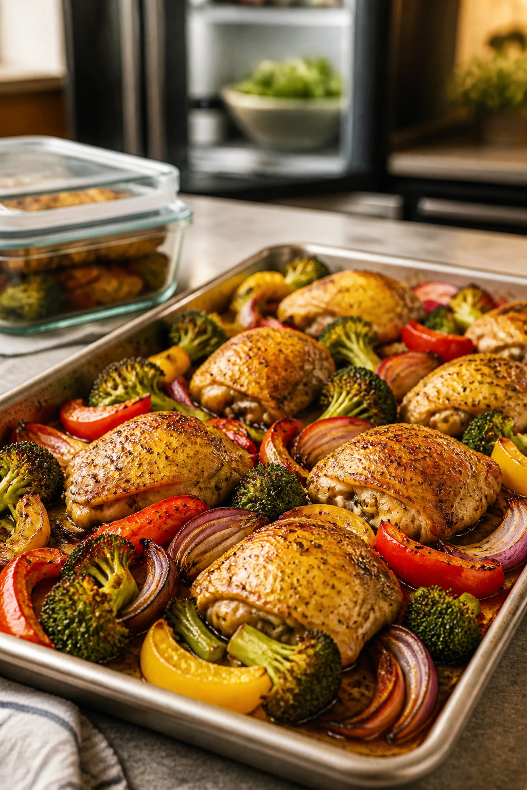 Close-up of a sheet pan with roasted chicken and vegetables, kitchen background suggesting prep and storage