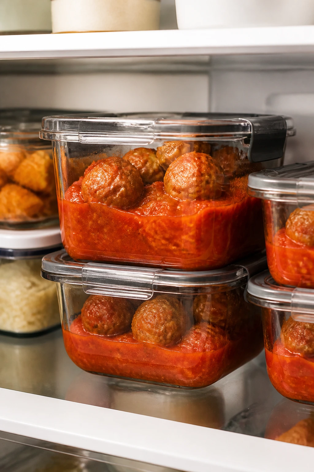 Close-up of glass containers with meatballs and sauce in a fridge, illustrating make-ahead storage and reheating.