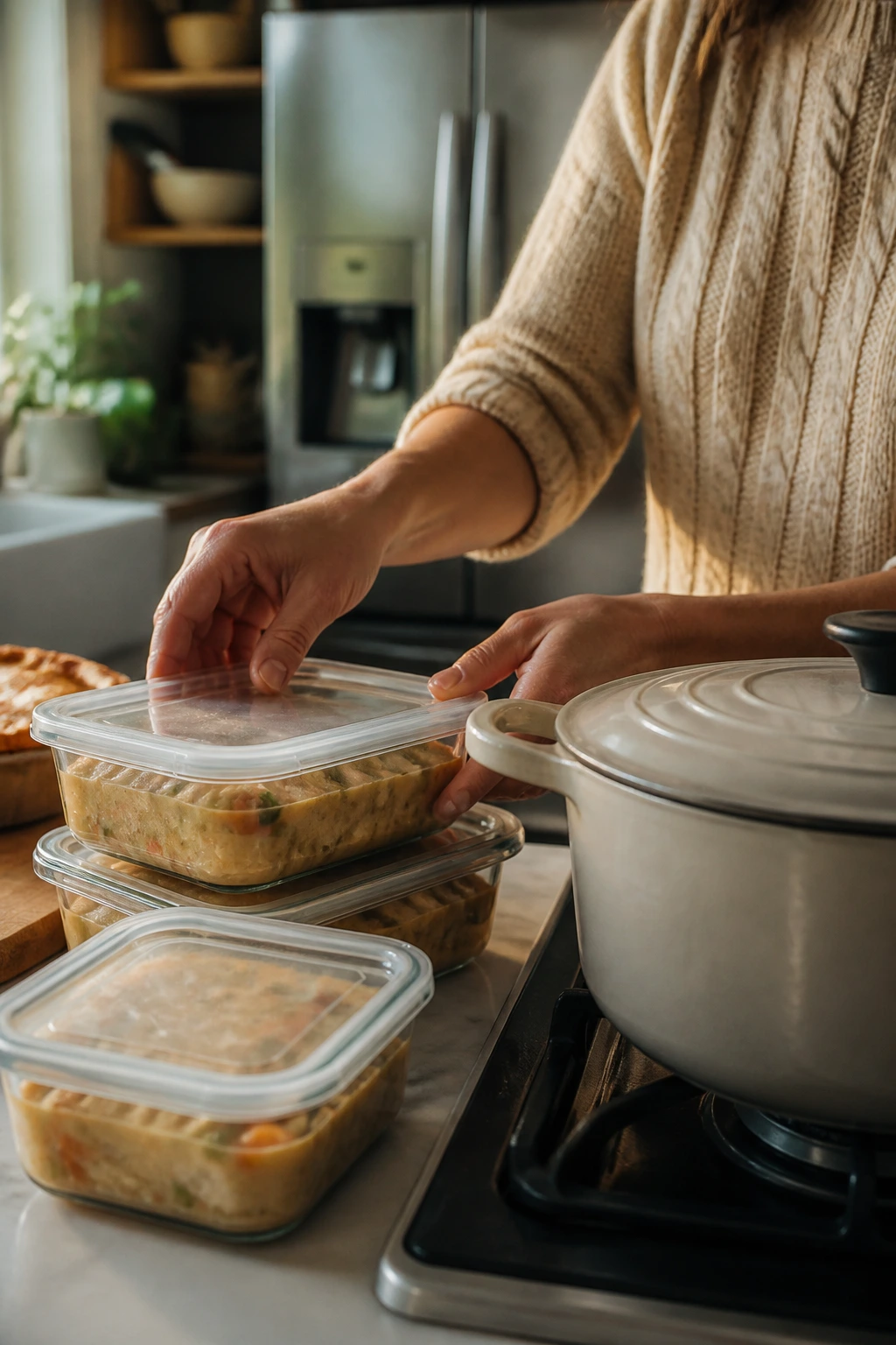 Close-up of home cook in warm kitchen illustrating make-ahead storage and reheating for pot pies