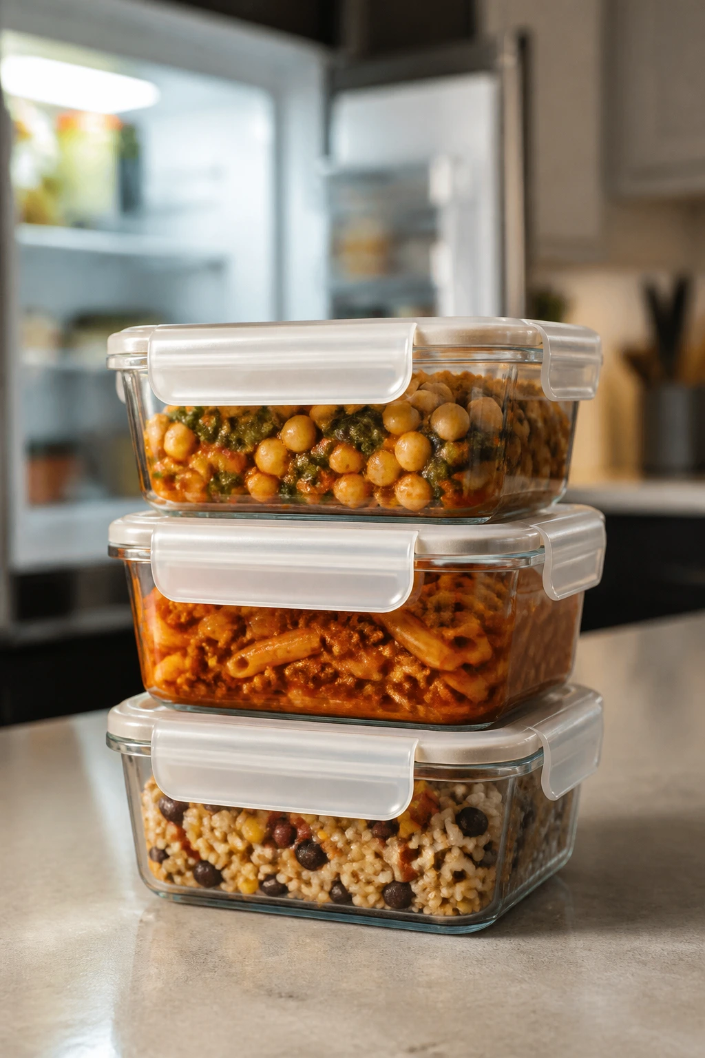 Leftover pantry meals in unlabeled glass containers on a kitchen counter