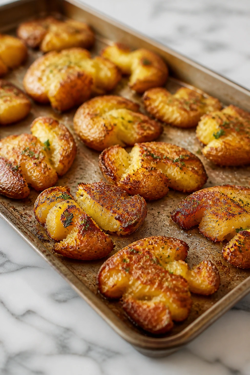 Close-up of crispy-edged smashed potatoes on a tray for make-ahead storage and reheating