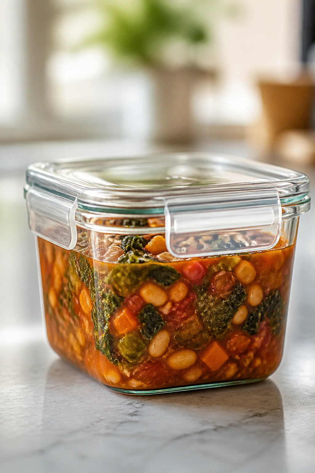 Glass container of soup on kitchen counter