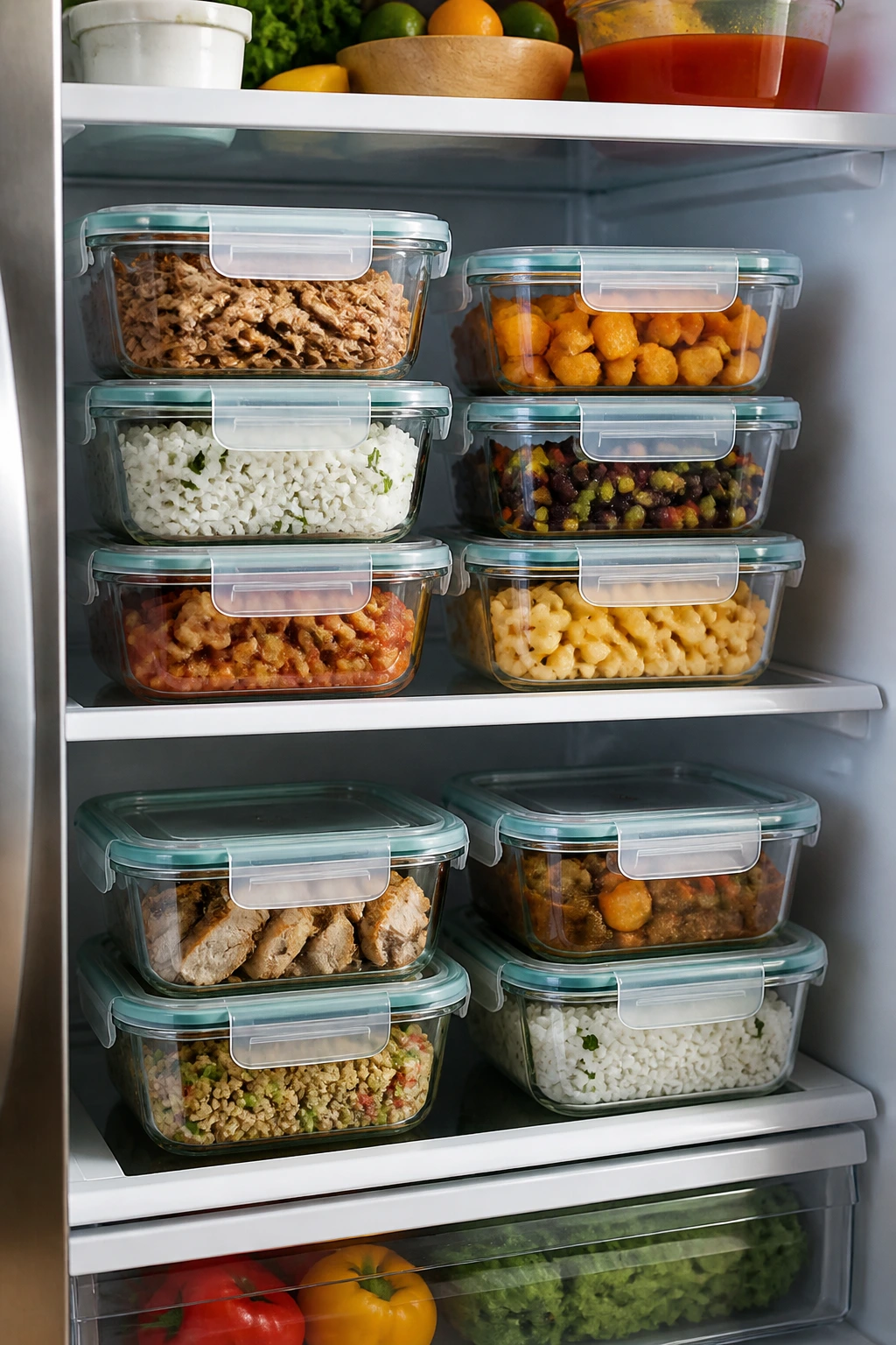 Glass meal-prep containers stacked in a fridge for make-ahead storage