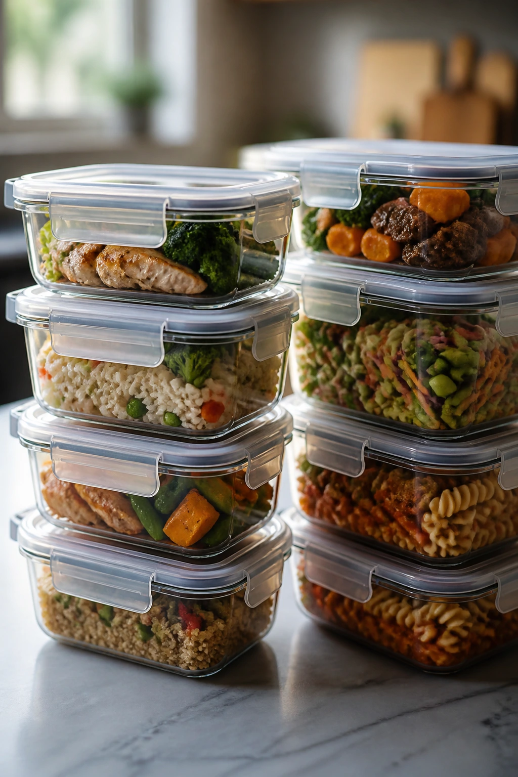 Stacked clear food storage containers in a kitchen